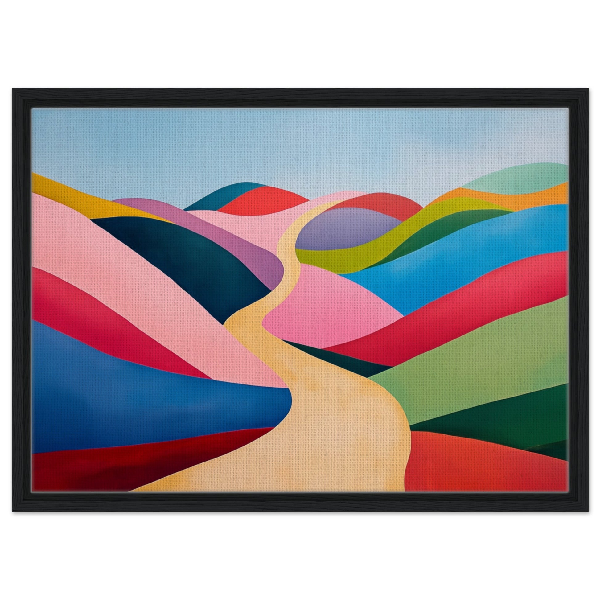 Gerahmte Leinwand „Surreale Hügel“, schwarzer Rahmen, 50 × 70 cm, mit surrealen bunten Hügeln in Pink, Rot, Blau und Grün