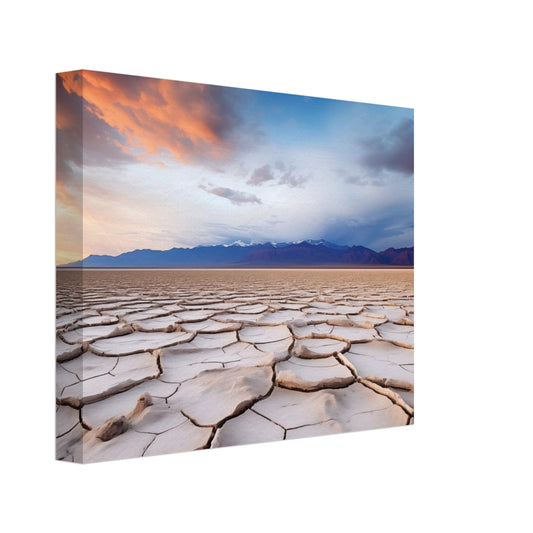 Leinwand „Salzfelder bei Sonnenuntergang“ mit Salzfläche unter dramatischem Sonnenuntergang, 20x25 cm