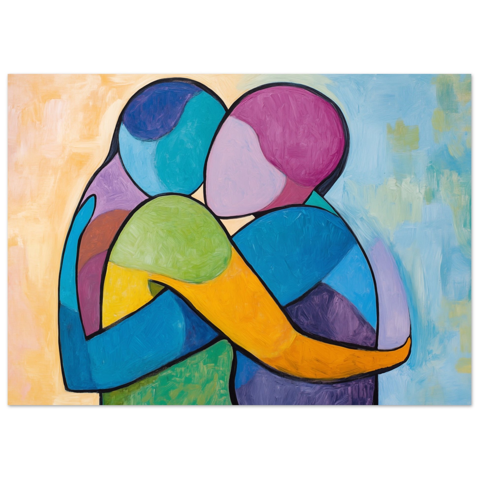 Wandbild „Abstrakte Umarmung“ mit zwei abstrahierten Figuren in Türkis, Pink, Gelb und Blau, 50 × 70 cm