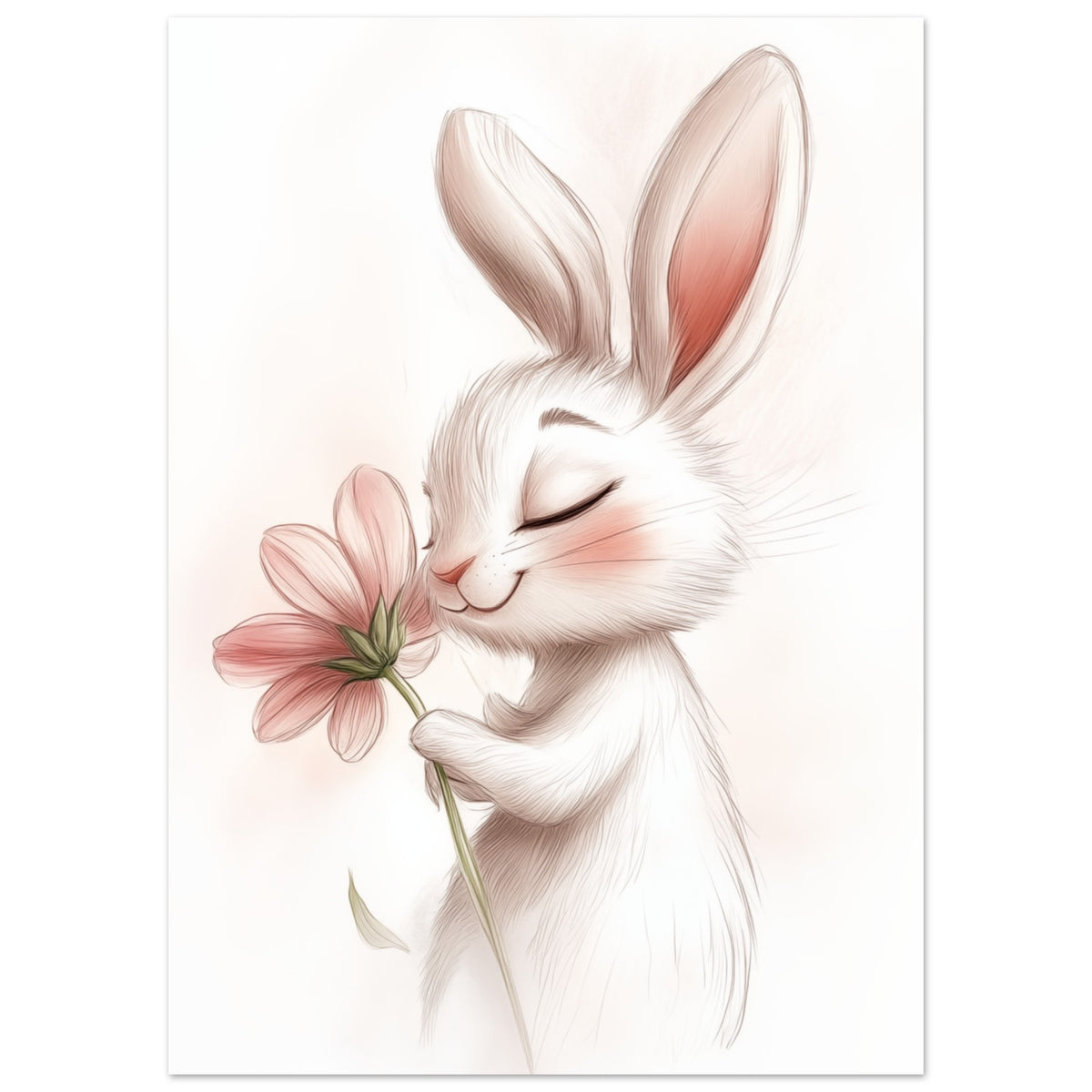Wandbild „Niedliches Kaninchen mit Blume“ mit niedliches weißes Kaninchen mit rosa Blume in zarter Aquarelloptik, 50x70 cm