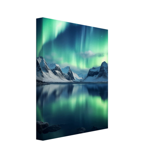 Leinwand „Polarlichter“ mit grüne und türkise Polarlichter über dunkler Berg- und Seenlandschaft, 20x25 cm