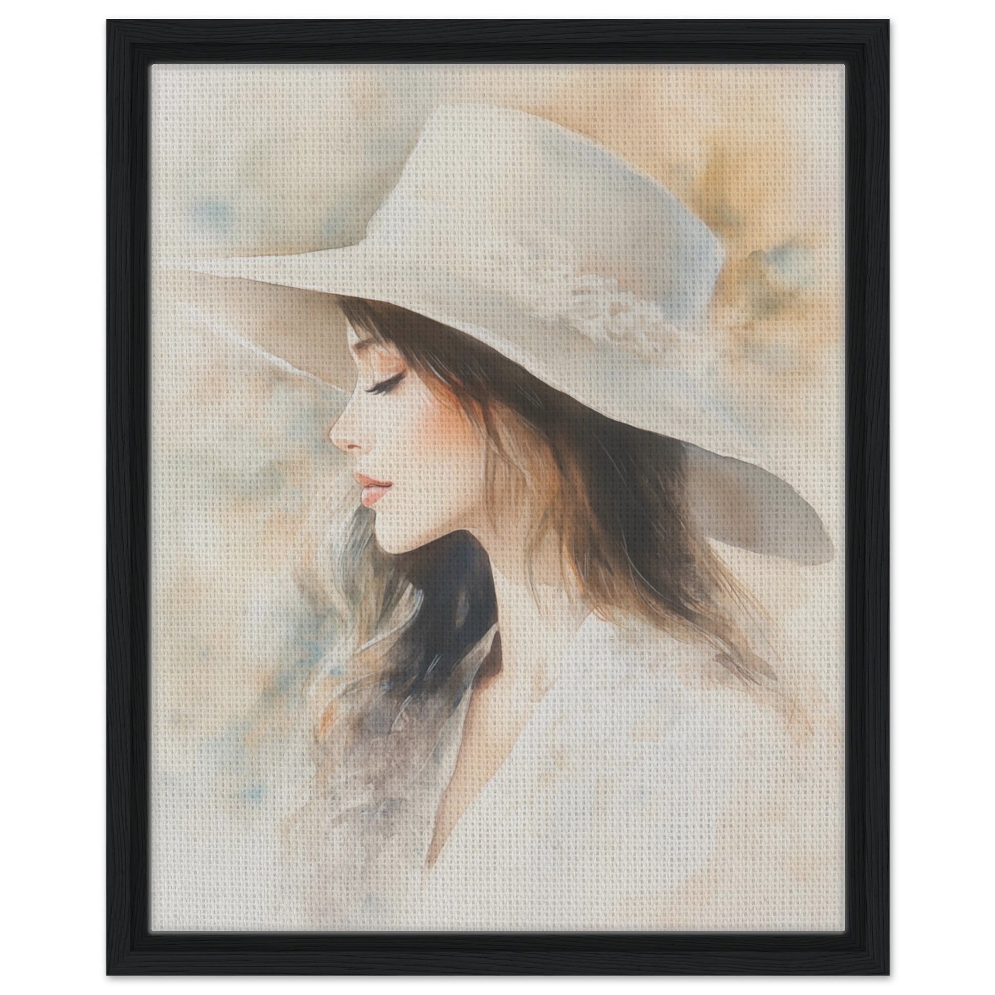 Zarte Wasserfarben-Porträt einer Frau | Gerahmte Leinwand Schwarzer Rahmen 40x50 cm - Pixara