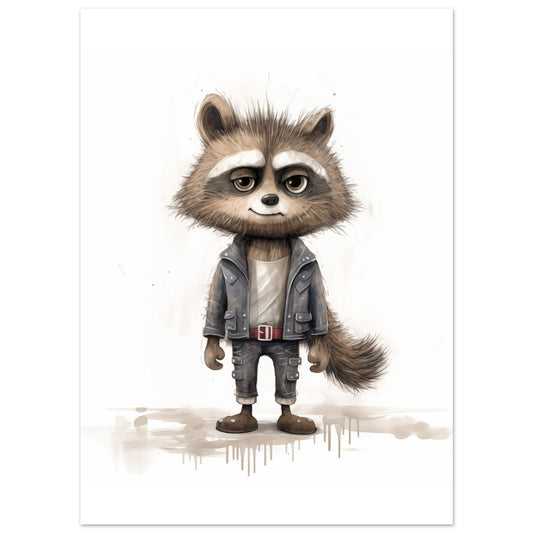 Poster „Waschbär "Rocko"“ mit niedlicher Waschbär im Outfit mit großen Augen auf hellem Grund, 13x18 cm