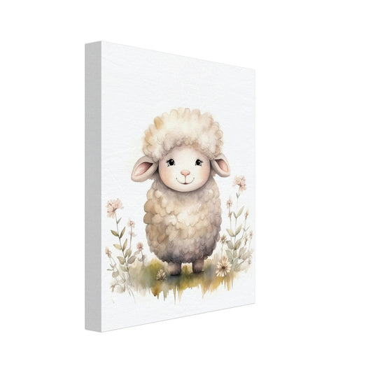 Leinwand „Schaf "Lenny"“ mit niedliches Schaf mit weicher grauer Wolle zwischen zarten Pflanzen, 20x25 cm