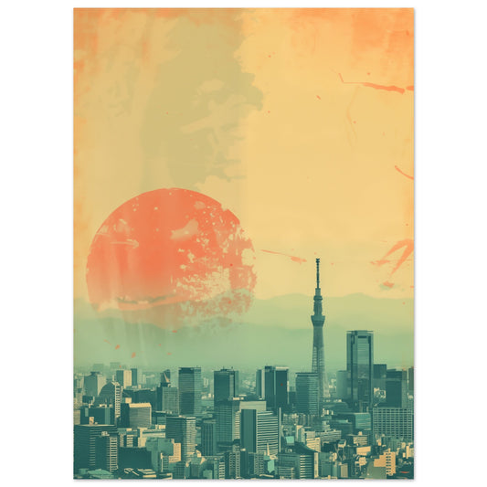 Poster „Tokyo Pastellblick“ mit Tokyo-Skyline vor pastellfarbener Sonne, 13x18 cm