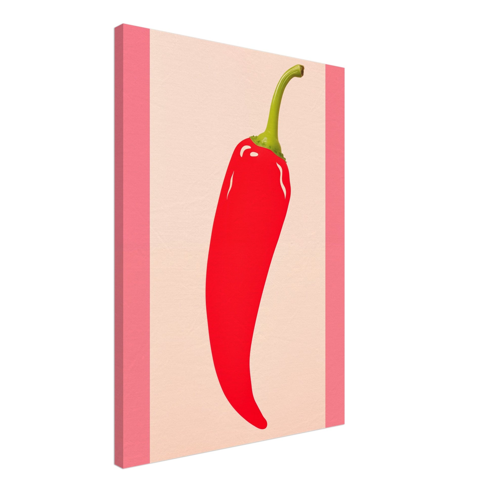 Leinwand „Feurige Entspannung“ mit rote Chilischote als reduzierte Pop-Art-Illustration auf rosa und cremefarbenem Grund, 50x70 cm