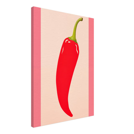 Leinwand „Feurige Entspannung“ mit rote Chilischote als reduzierte Pop-Art-Illustration auf rosa und cremefarbenem Grund, 50x70 cm