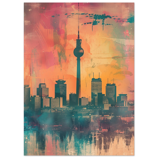 Poster „Zeitreise Berlin“ mit Berliner Fernsehturm und Skyline in Orange, Rosa und Petrol, 13x18 cm