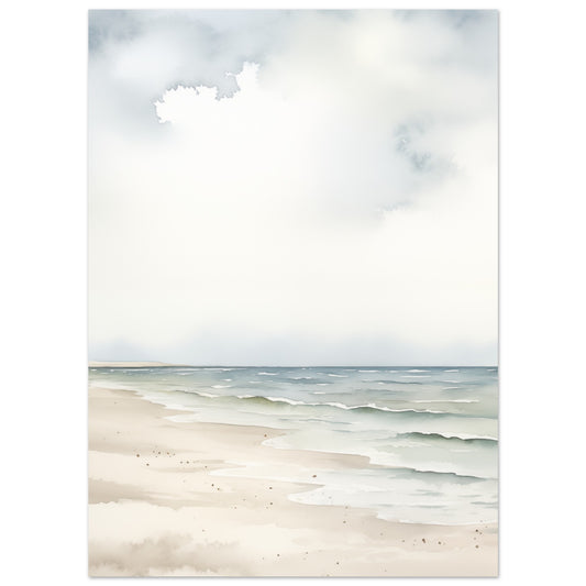 Poster „Meeresblick“ mit minimalistischer Meereslandschaft mit hellem Strand und blaugrünen Wellen, 13x18 cm