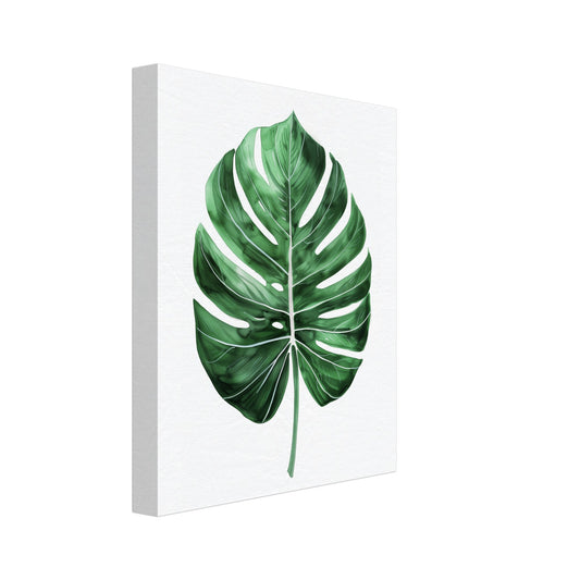 Leinwand „Monstera Marvel“ mit einzelnes glänzendes Monstera-Blatt in kräftigem Dunkelgrün, 20x25 cm