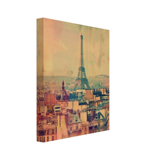 Leinwand „Pariser Pastelltraum“ mit Paris-Silhouette mit Eiffelturm in warmen Pastelltönen, 20x25 cm