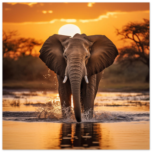 Poster „Goliaths Gang“ mit Elefant im flachen Wasser vor warmem orangefarbenem Savannen-Sonnenuntergang, 25x25 cm