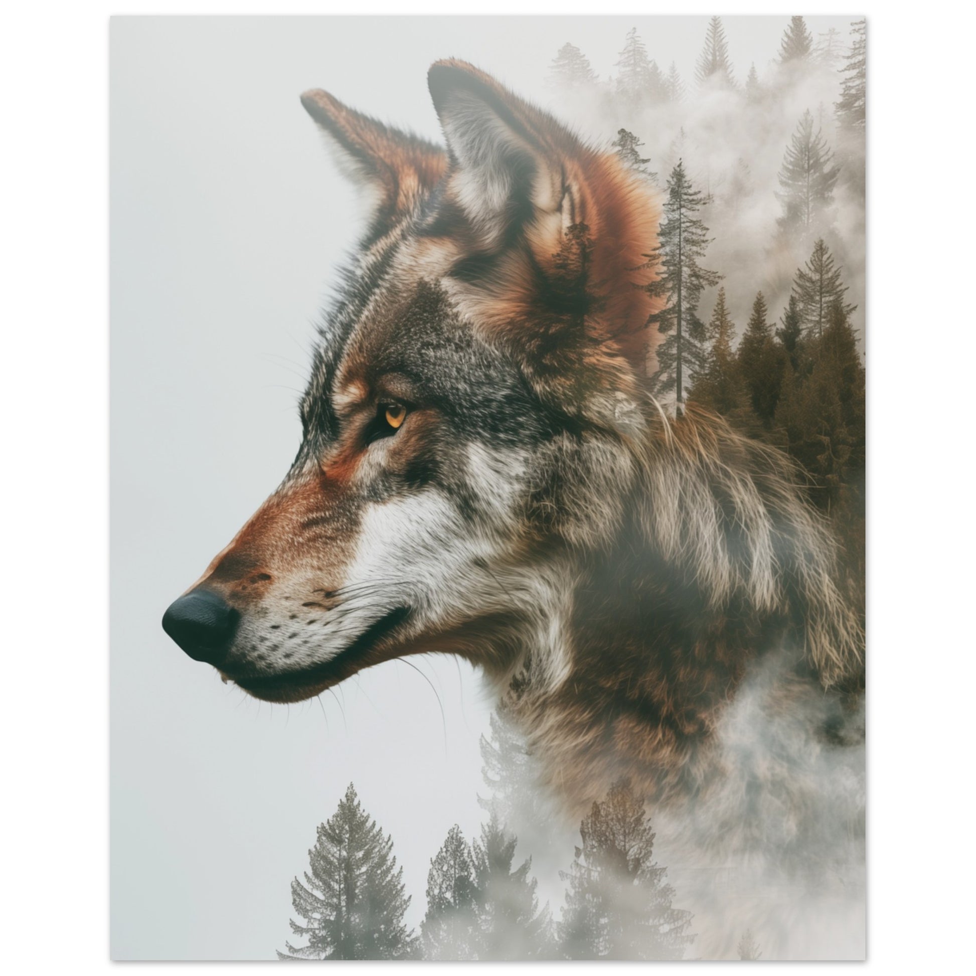 Wandbild „Wolf im Wald“ mit Wolfsporträt mit nebligem Wald als Doppelbelichtung, 20x25 cm
