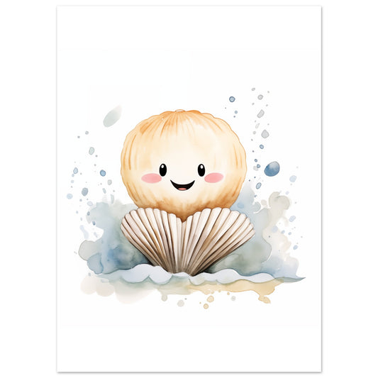 Poster „Muschel "Maurice"“ mit niedliche lächelnde Muschelfigur in zarter Kinderbuchoptik, 13x18 cm