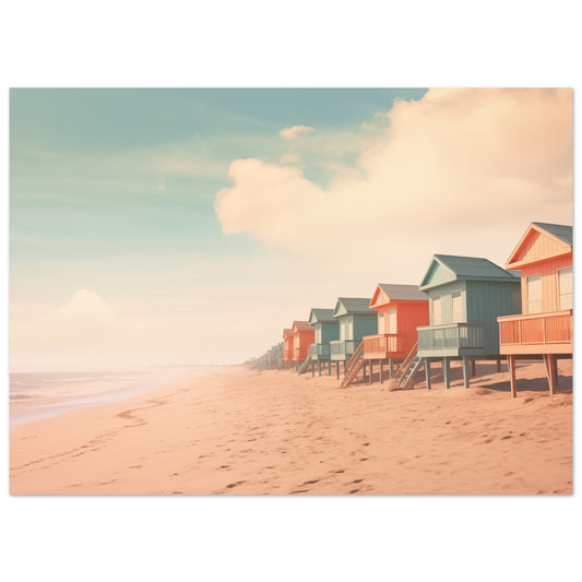 Poster „Farbtupfer am Strand“ mit pastellige Strandlandschaft mit bunten Strandhäusern und ruhigem Himmel, 13x18 cm