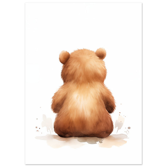 Poster „Cubby“ mit kleiner brauner Teddybär von hinten auf hellem Grund, Format 13 × 18 cm