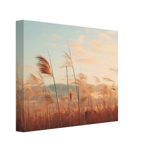 Leinwand „Flüstern des Feldes“ mit weites Feld mit Gräsern im goldenen Sonnenuntergang unter pastellblauem Himmel, 20x25 cm