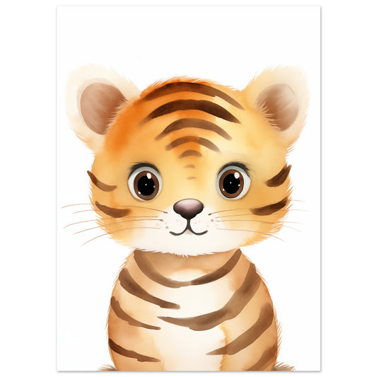 Poster „"Tiko", der kleine Tiger“ mit niedlicher Tigerkopf mit großen Augen und warmen orange-braunen Streifen, 13x18 cm
