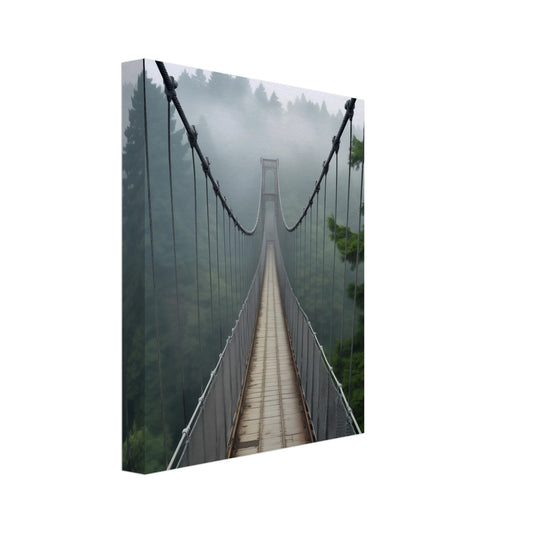 Leinwand „Nebelbrücke“ mit schmale Hängebrücke in nebliger, grüner Berglandschaft, 20x25 cm
