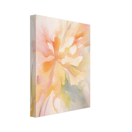 Leinwand „Frühlingserwachen“ mit abstrakte Frühlingsblüte aus weichen Pinselzügen in Apricot, Rosa, Gelb und blassem Grün, 20x25 cm
