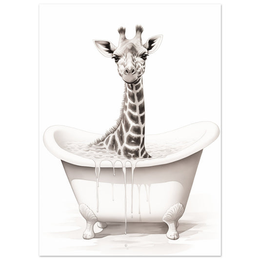 Poster „Entspannung in der Höhe“ mit verspielte Giraffe in einer weißen Badewanne, 13x18 cm
