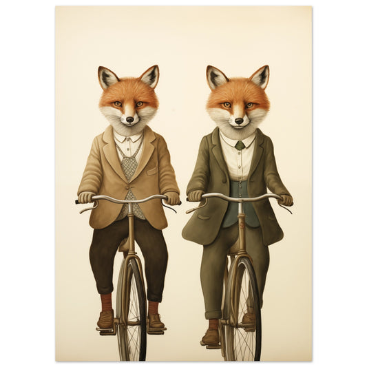 Poster „Mr. und Mrs. Foxleys Fahrt“ mit zwei elegant gekleideten Füchsen auf Fahrrädern, 13x18 cm