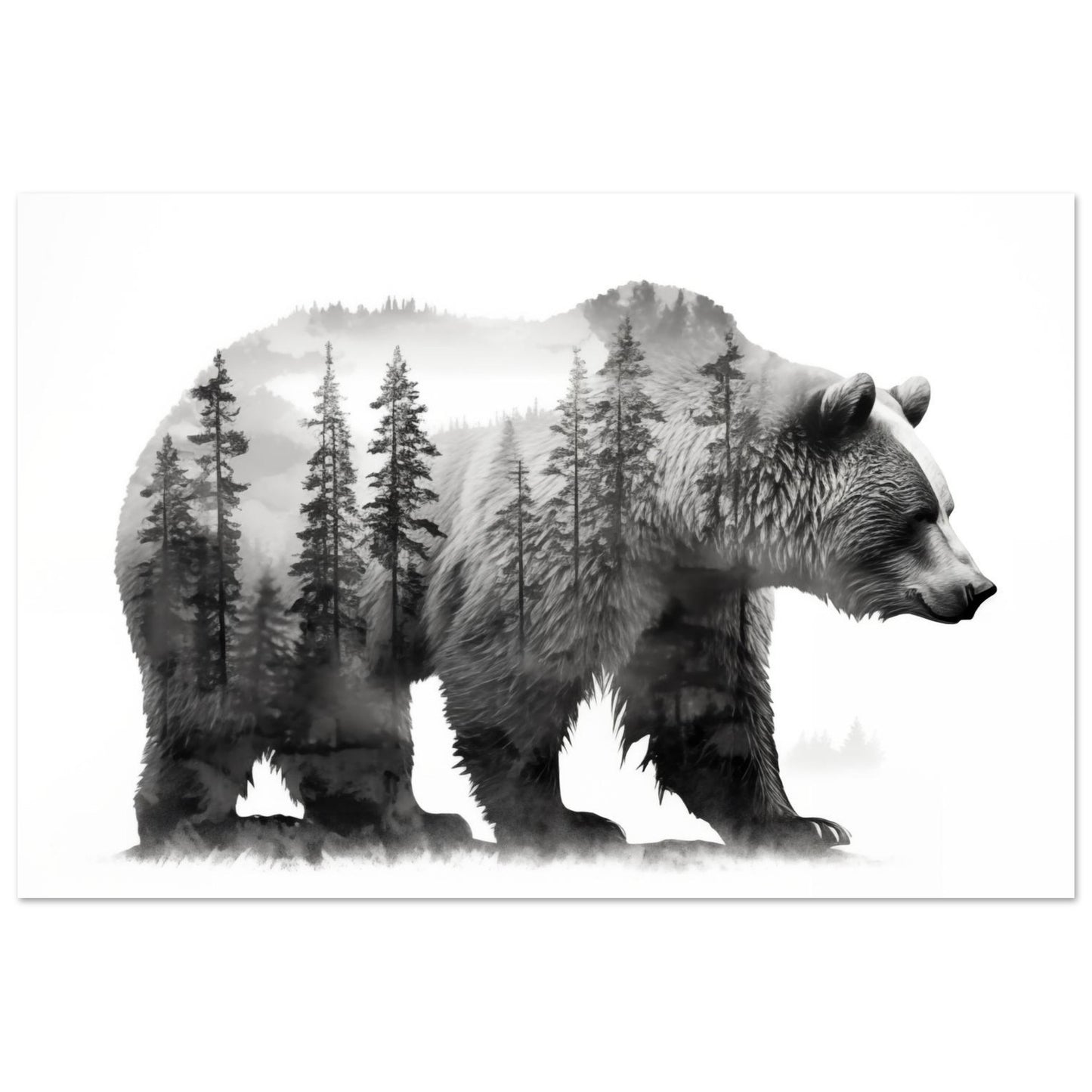Bär im Wald – Schwarzweiß Doppelbelichtung 60x90 cm - Pixara