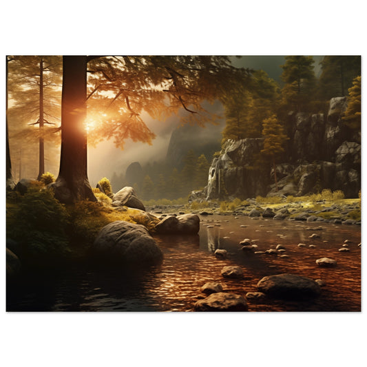 Poster „Herbstliche Reflexion“ mit sonnendurchflutetem Herbstwald mit Bachlauf und warmem Laub, 13x18 cm