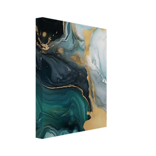 Leinwand „Azure Gold Swirl“ mit Marmorwirbeln in Petrol, Türkis, Schwarz, Weiß und Gold, 20 × 25 cm