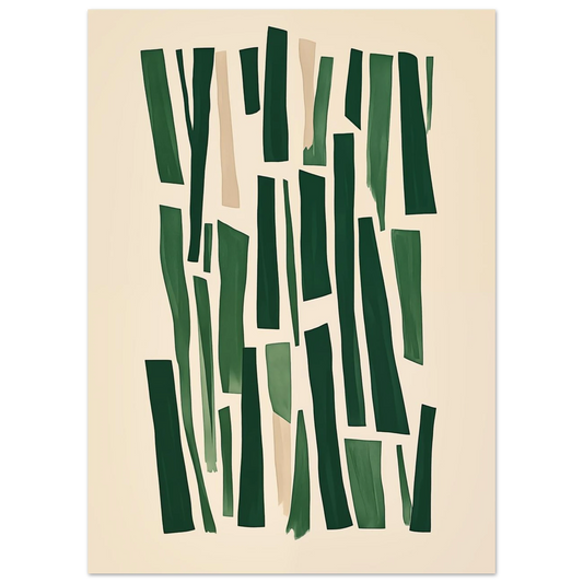 Poster „Natürliche Strukturen“ mit grafisches Muster aus unregelmäßigen dunkelgrünen Rechteckformen auf hellem Grund, 13x18 cm