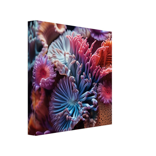 Leinwand „Ozean Oase“ mit farbenfrohen Korallen und Seeanemonen in Blau, Rot, Rosa und Orange, 20x20 cm