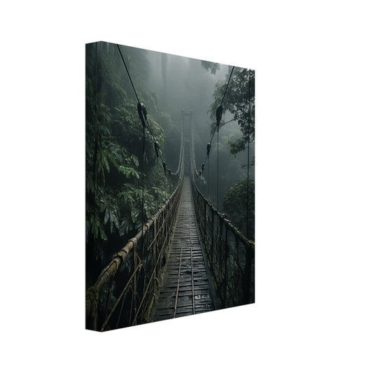 Leinwand „Nebelbrücke im Dschungel“ mit schmale Hängebrücke durch dichten, feuchten Dschungelnebel, 20x25 cm