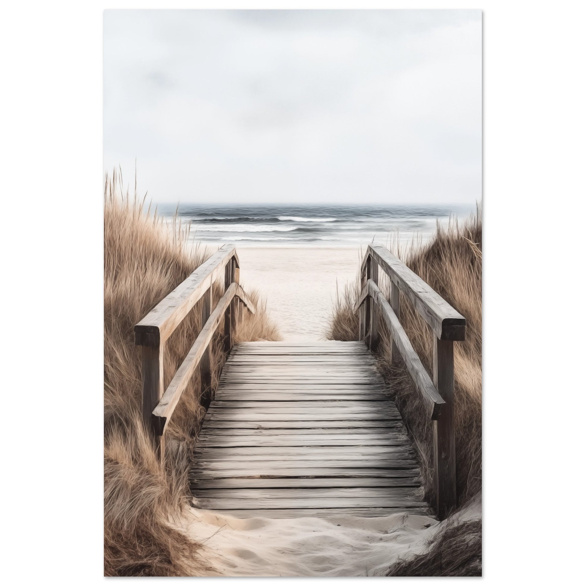 Wandbild „Holzsteg am Strand“ mit Holzsteg durch helle Dünen und Gräser zum ruhigen Meer, 60x90 cm