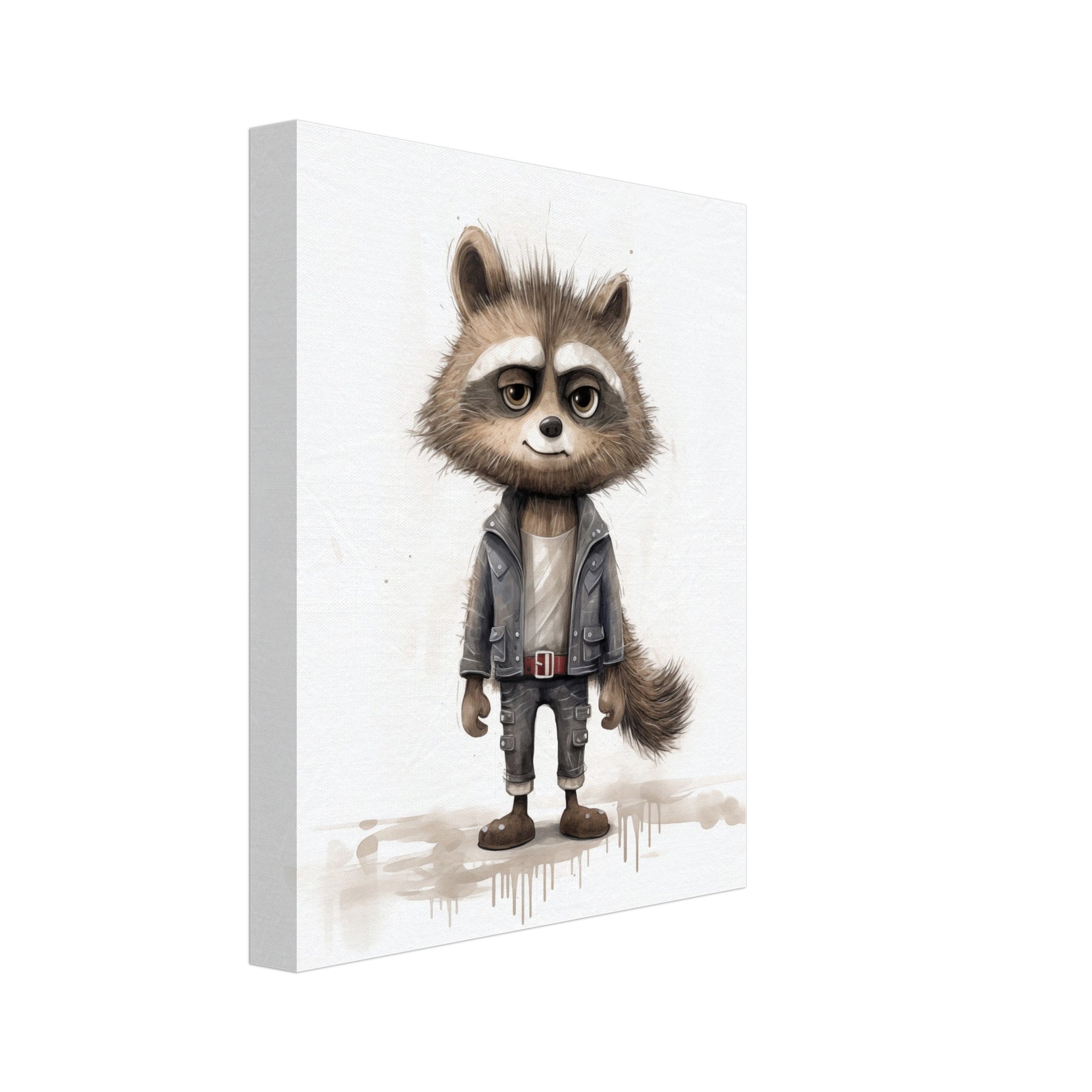 Leinwand „Waschbär "Rocko"“ mit niedlicher Waschbär im Outfit mit großen Augen auf hellem Grund, 20x25 cm