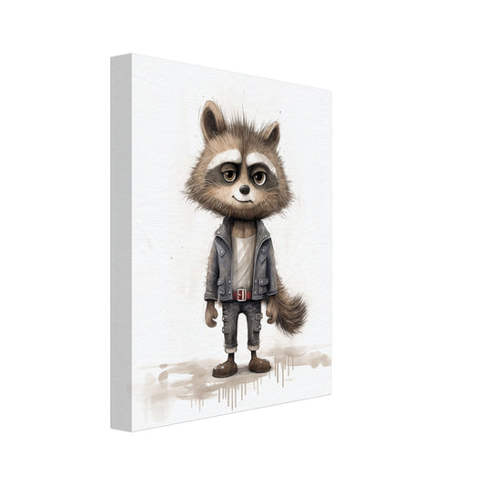 Leinwand „Waschbär "Rocko"“ mit niedlicher Waschbär im Outfit mit großen Augen auf hellem Grund, 20x25 cm
