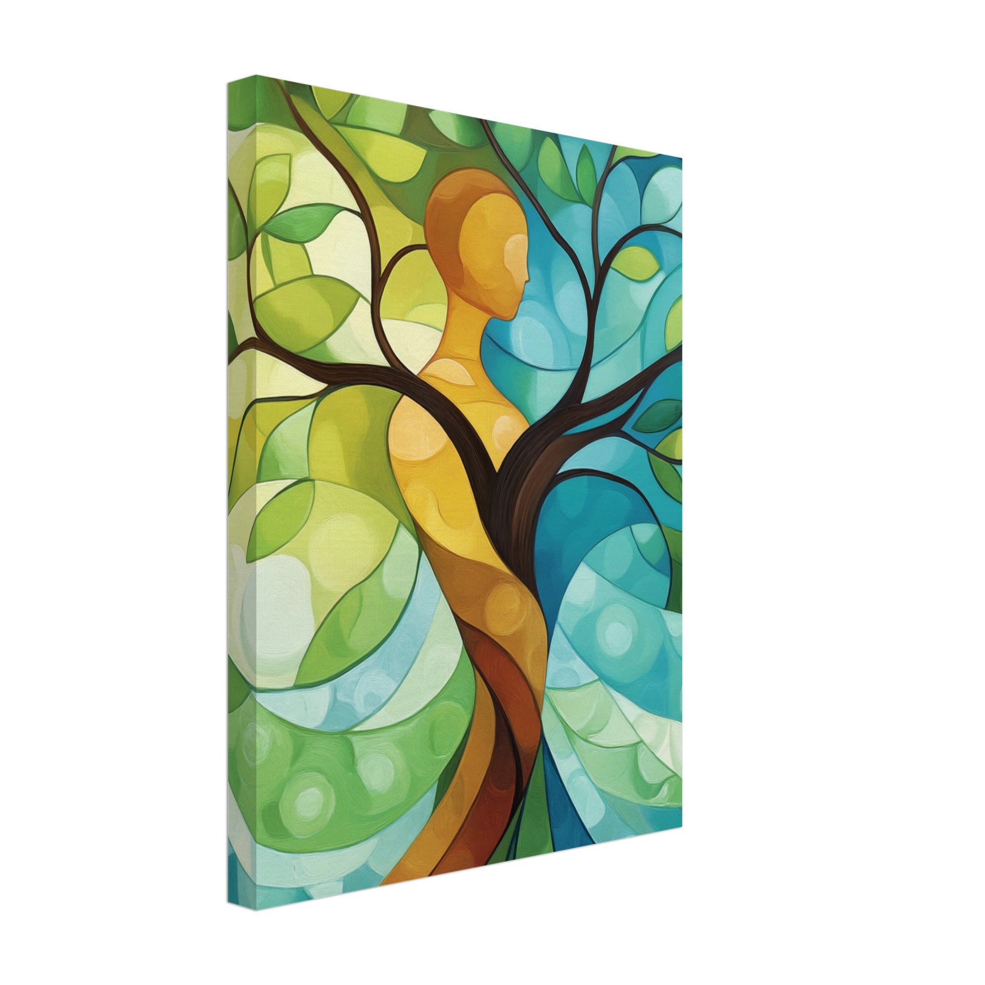 Leinwand „Die Symbiose von Mensch und Natur“ mit stilisiertes Baum-Mensch-Motiv in Türkis, Petrol, Grün und Orang, 30x40 cm