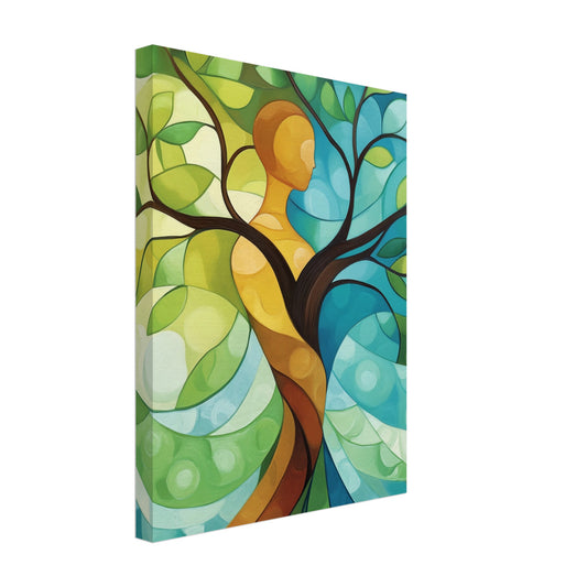 Leinwand „Die Symbiose von Mensch und Natur“ mit stilisiertes Baum-Mensch-Motiv in Türkis, Petrol, Grün und Orang, 30x40 cm