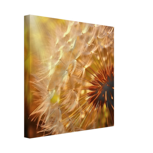 Leinwand „Pusteblume“ mit Makroaufnahme einer Pusteblume im warmen goldenen Gegenlicht, 30x30 cm
