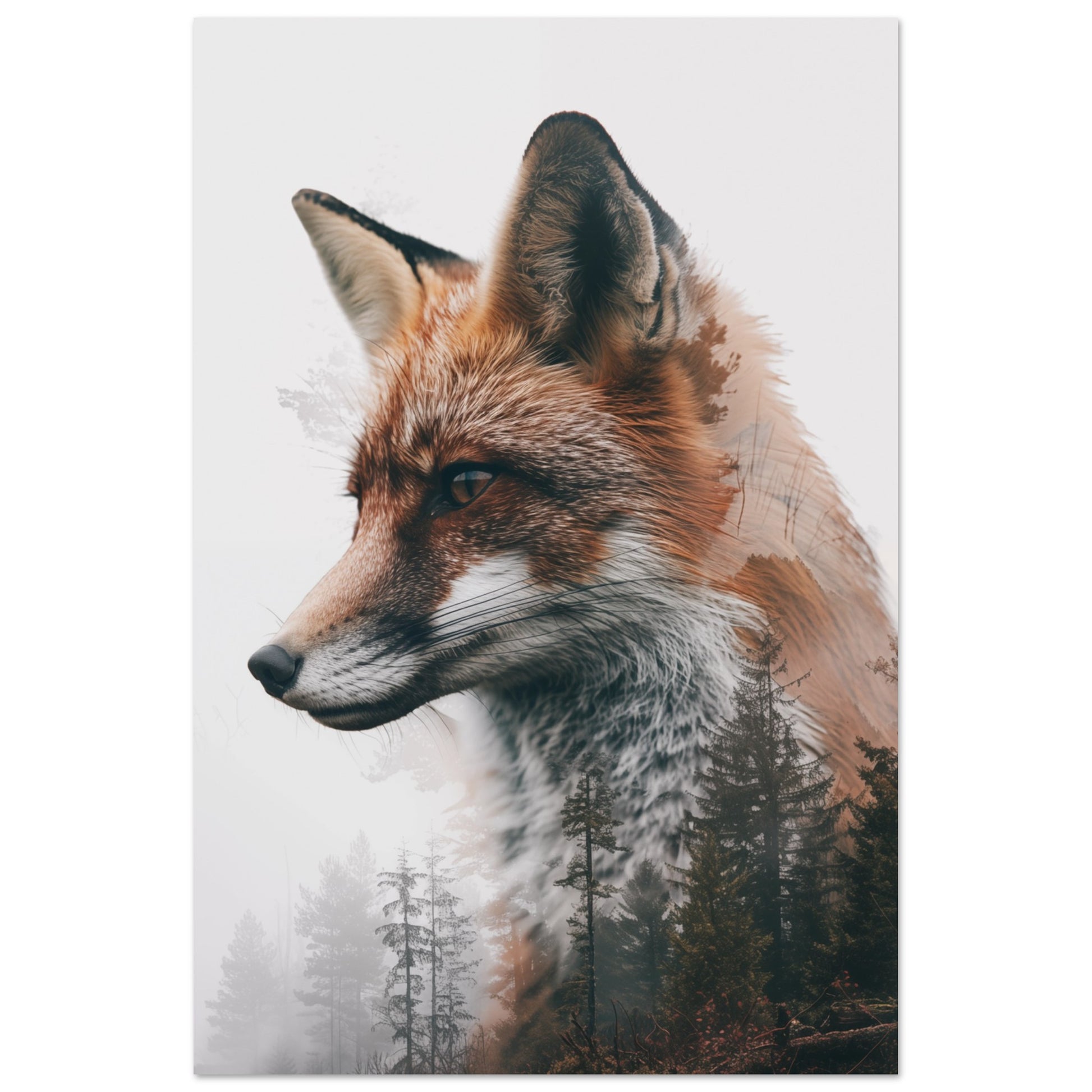 Wandbild „Fuchs im Nebelwald“ mit realistisches Fuchsprofil mit dunklem Nadelwald als Doppelbelichtung, 60x90 cm