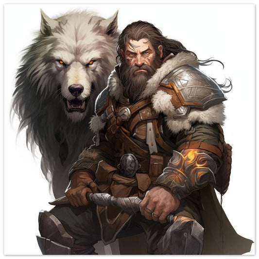 Poster „Bjorn Schneezahn“ mit rauer Fantasykrieger mit weißem Wolf in winterlicher Atmosphäre, Format 25 × 25 cm