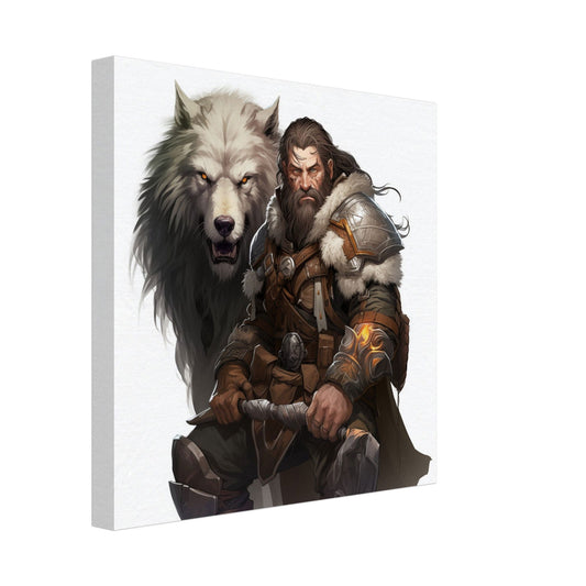 Leinwand „Bjorn Schneezahn“ mit rauer Fantasykrieger mit weißem Wolf in winterlicher Atmosphäre, Format 30 × 30 cm