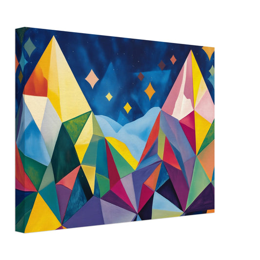 Leinwand „Geometrische Berglandschaft im Sternenlicht“ mit geometrischer Berglandschaft unter tiefblauem Sternenhimmel, 30x40 cm