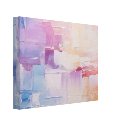 Leinwand „Farbflut“ mit sanfte abstrakte Farbflächen in Rosa, Hellblau, Lavendel und Creme, 20x25 cm