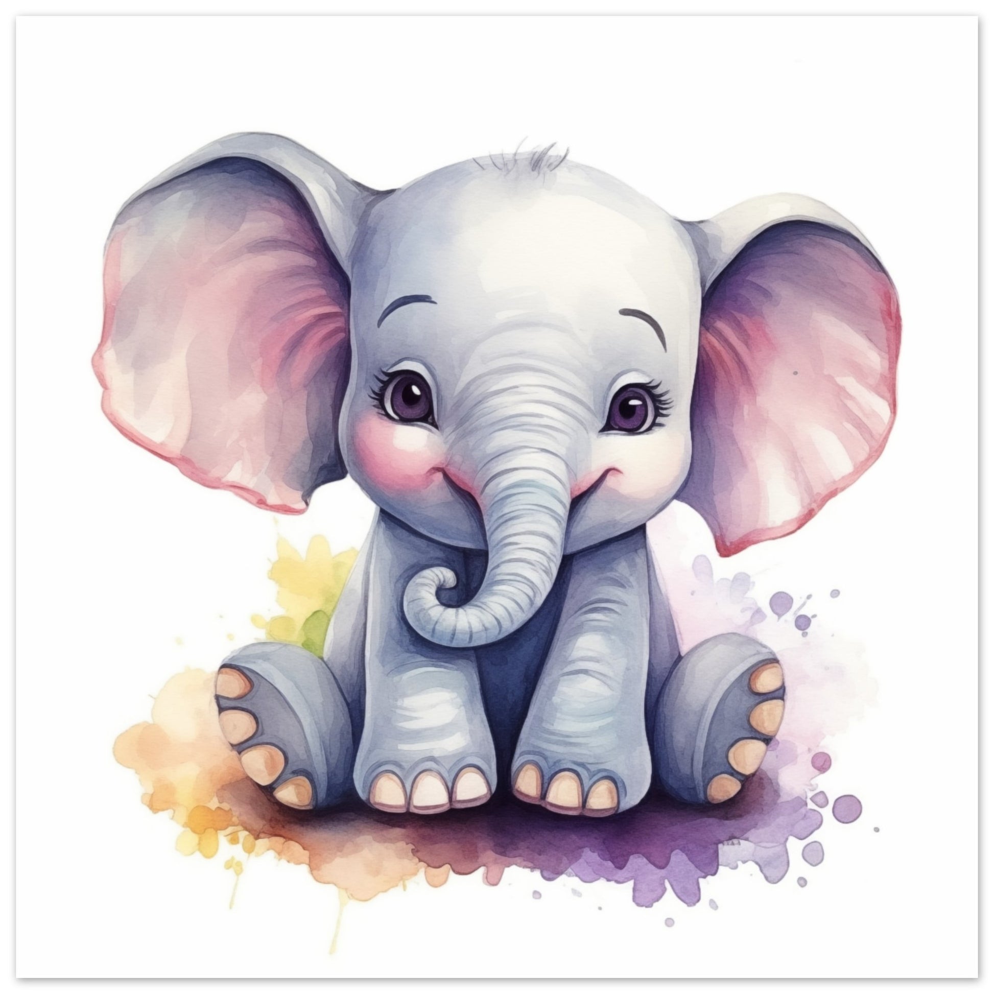 Poster „Elefant "Ellie"“ mit niedlicher grauer Babyelefant mit rosa Ohren und Aquarellspritze, 50x50 cm