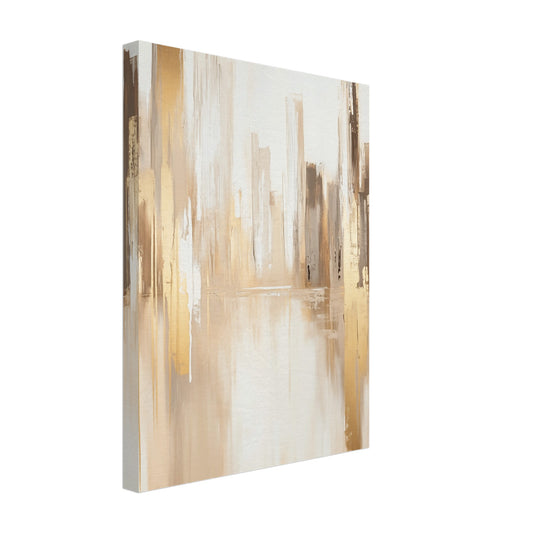 Leinwand „Goldene Skyline“ mit abstrakte goldbeige Skyline aus vertikalen, malerischen Formen auf hellem Grund, 30x40 cm