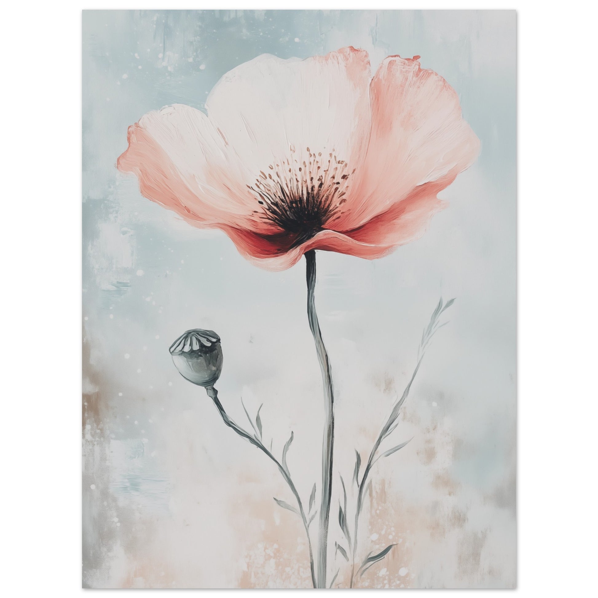 Poster „Mohnblume in sanften Farben“ mit zarte rosa Mohnblume vor weich aquarelliertem Hintergrund in Hellblau und Creme, 30x40 cm