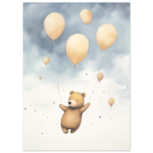 Poster „Gilberts Himmelfahrt“ mit Teddybär mit gelben Luftballons vor hellblauem Himmel, 13x18 cm