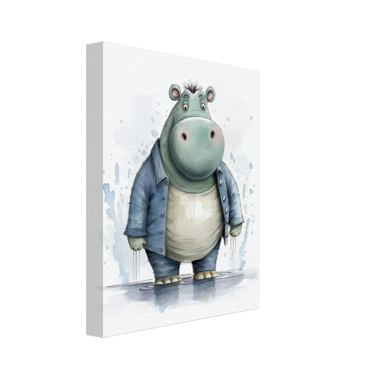 Leinwand „Nilpferd "Bernd"“ mit niedliches blaugrünes Nilpferd mit großen Augen in Kinderbuchoptik, 20x25 cm