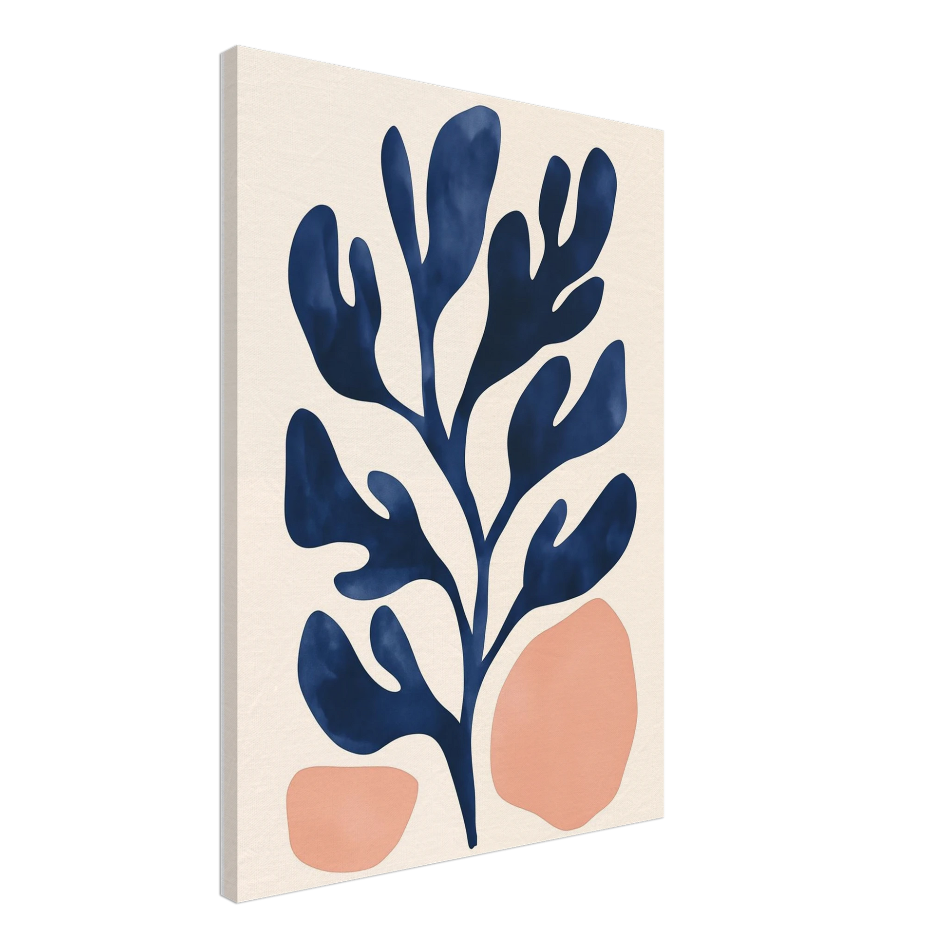 Leinwand „Botanische Ruhe“ mit dunkelblauer botanischer Zweig mit weichen apricotfarbenen Formen, Format 50 × 70 cm
