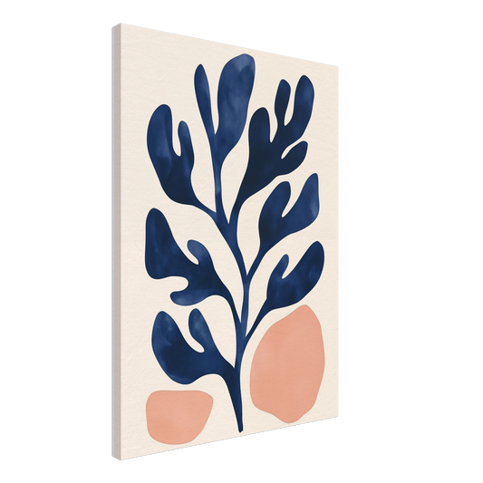 Leinwand „Botanische Ruhe“ mit dunkelblauer botanischer Zweig mit weichen apricotfarbenen Formen, Format 50 × 70 cm